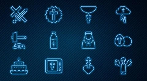 Set line Angel, Easter egg, Christian cross on chain, Holy water bottle Stock Illustration