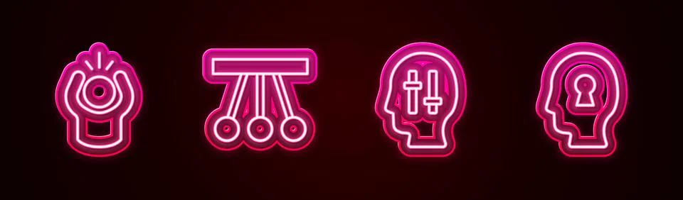 Set line Anger, Pendulum, Solution to the problem and . Glowing neon icon Stock Illustration