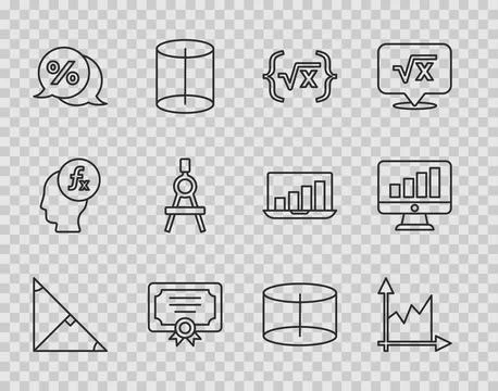 Set line Angle bisector of a triangle, diagram, Square root x glyph, Certif.. Stock Illustration