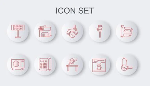 Set line Angle grinder, Air conditioner, Electric circular saw, Coffee machine Stock Illustration