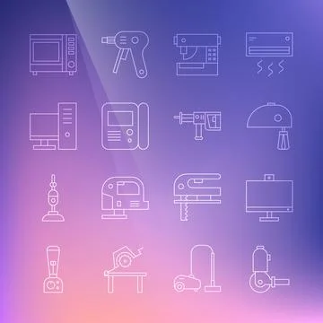 Set line Angle grinder, Computer monitor, Electric mixer, Sewing machine, House Stock Illustration