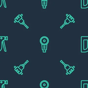Set line Angle grinder, Construction jackhammer and stapler on seamless pattern Stock Illustration