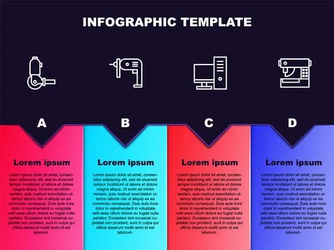 Set line Angle grinder, Electric drill machine, Computer monitor and Sewing Stock Illustration