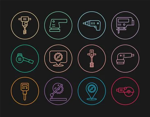 Set line Angle grinder, Electric sander, cordless screwdriver, Circular saw Stock Illustration