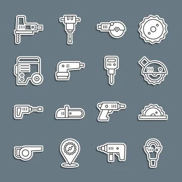Set line Angle grinder, Electric circular saw, sander, Power electric generator Stock Illustration