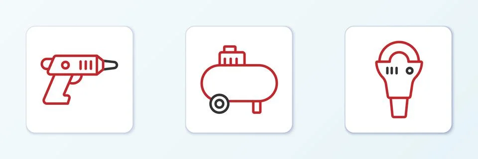 Set line Angle grinder, Electric cordless screwdriver and Air compressor icon Ilustração Stock