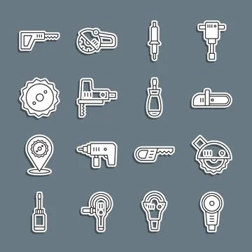 Set line Angle grinder, Electric circular saw, Chainsaw, Soldering iron, jigsaw Stock Illustration