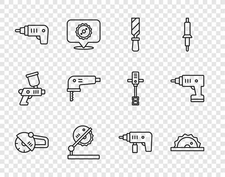 Set line Angle grinder, Electric circular saw, Rasp metal file, Table for w.. Stock Illustration