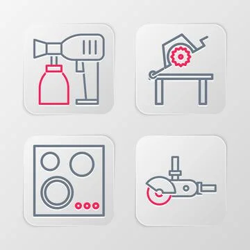 Set line Angle grinder, Gas stove, Table saw for woodwork and Paint spray gun Stock Illustration