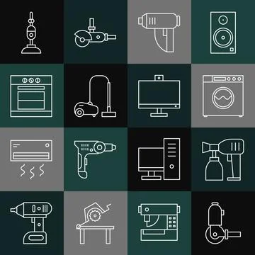 Set line Angle grinder, Paint spray gun, Washer, Electric industrial dryer Stock Illustration