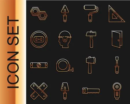 Set line Angle grinder, Screwdriver, Closed door, Paint roller brush, Worker Stock Illustration