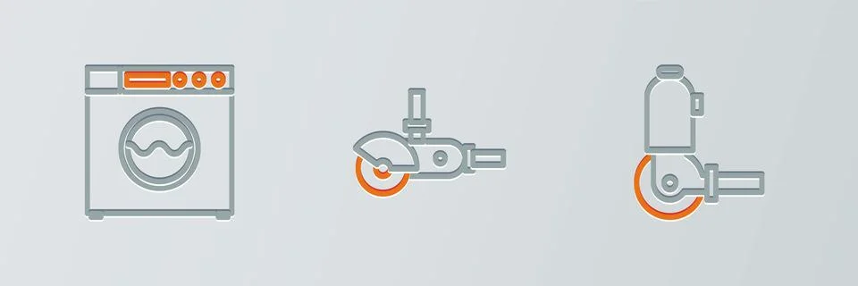 Set line Angle grinder, Washer and icon. Vector Ilustración de archivo