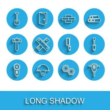 Set line Angle grinder, Worker safety helmet, Shovel, Hexagonal metal nut Stock Illustration