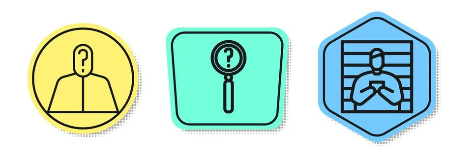 Set line Anonymous with question mark, Magnifying glass with search and Suspect Stock Illustration
