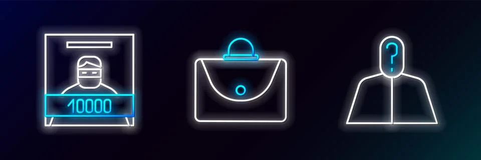 Set line Anonymous with question mark, Wanted poster and Briefcase icon. Glow Illustration