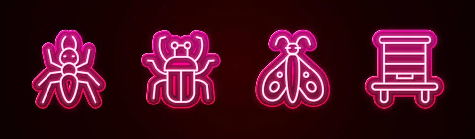 Set line Ant, Stink bug, Butterfly and Hive for bees. Glowing neon icon. Vector Illustration