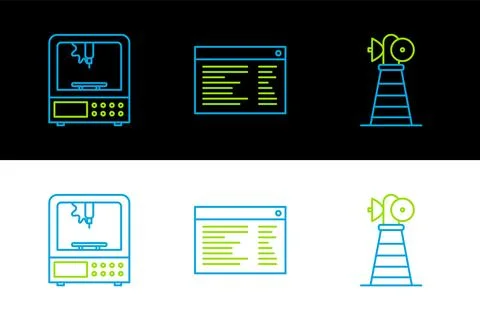 Set line Antenna, 3D printer and Software, web developer programming code i.. Illustrazione stock