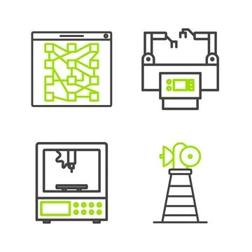 Set line Antenna, 3D printer, Assembly line and Global technology or social.. Stock Illustration