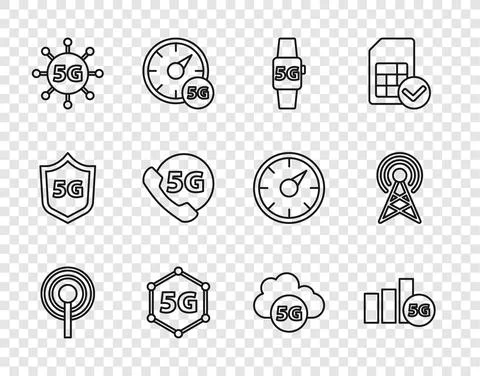 Set line Antenna, 5G network, Smart watch, Phone with, Cloud and icon. Vector Stockillustratie