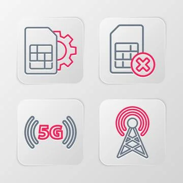 Set line Antenna, 5G network, Sim card rejected and setting icon. Vector Stockillustratie