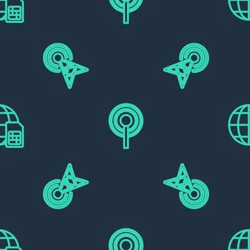 Set line Antenna, and Globe 5G Sim Card on seamless pattern. Vector Stock Illustration