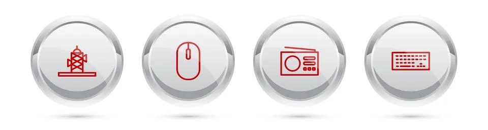 Set line Antenna, Computer mouse, Radio and Keyboard. Silver circle button Stock Illustration