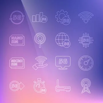 Set line Antenna, Digital speed meter 5G, Processor, Setting network, Nano Si Illustrazione stock