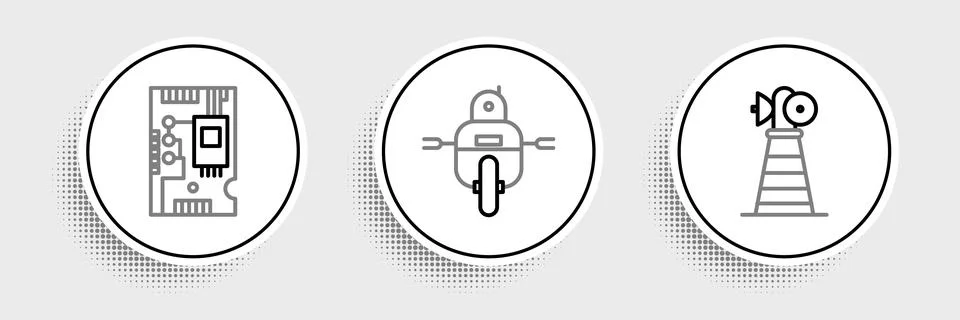 Set line Antenna, Electronic computer components motherboard digital chip and Illustrazione stock