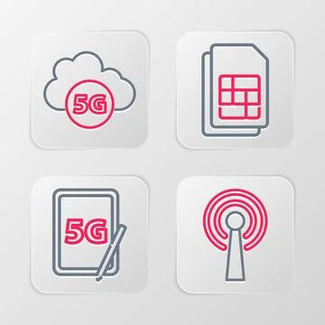Set line Antenna, Graphic tablet with 5G, Sim card and Cloud network icon. .. Stock Illustration