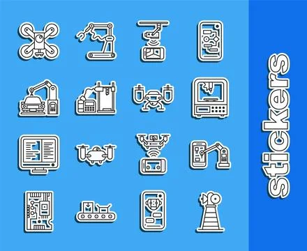 Set line Antenna, Industrial machine robotic robot arm hand, 3D printer Stock Illustration
