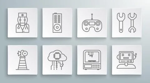 Set line Antenna, Remote control, Internet of things, 3D printer, Robot, Spanner Stock Illustration