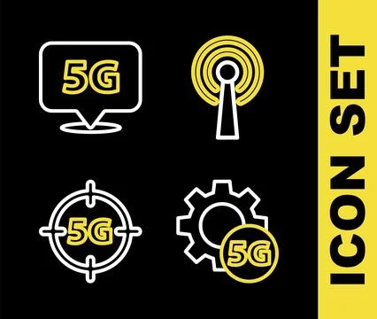 Set line Antenna, Setting 5G network,  and Location icon. Vector Stock Illustration