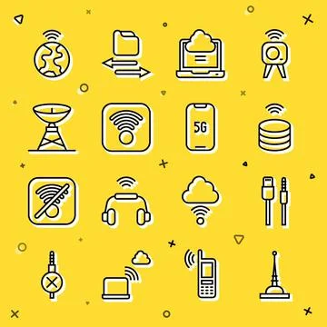 Set line Antenna, USB cable cord, Smart data server, Network cloud connection Stock Illustration