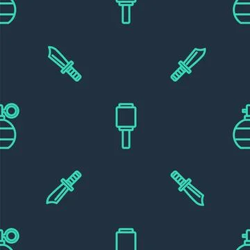 Set line Anti-tank hand grenade, Military knife and Hand on seamless patter.. Stockillustratie