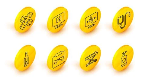Set line Antibacterial soap, Stretcher, X-ray shots with broken bone, Digit.. Stock Illustration