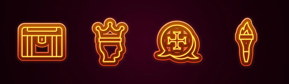 Set line Antique treasure chest, King crown, Crusade and Torch flame. Glowing Stock Illustration