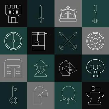 Set line Anvil for blacksmithing hammer, Skull, Round wooden shield, King crown Ilustración de archivo