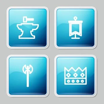 Set line Anvil for blacksmithing hammer, Medieval flag, axe and King crown icon Illustrazione stock