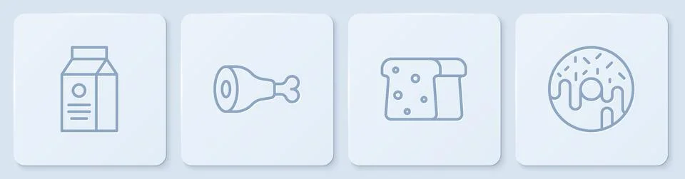 Set line aper package for milk, Bread toast, Chicken leg and Donut. White square Stockillustratie