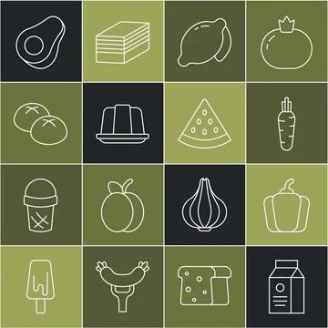 Set line aper package for milk, Bell pepper, Carrot, Lemon, Jelly cake, Bread Illustrazione stock