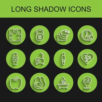 Set line Apple, Avocado fruit, Bathroom scales, Aroma candle, Bodybuilder m.. Stock Illustration