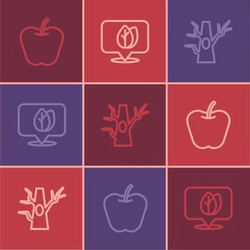 Set line Apple, Bare tree and Location with leaf icon. Vector Stock Illustration