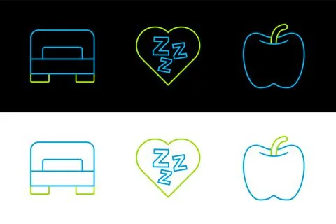 Set line Apple, Big bed and Sleepy icon. Vector Stock Illustration