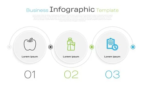 Set line Apple, Bottle of water with glass and Sport training program. Business Stock Illustration