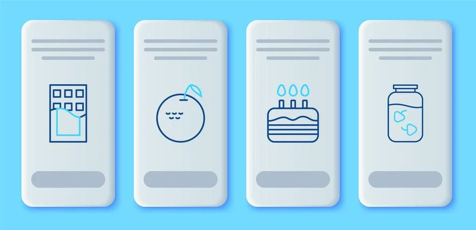 Set line Apple, Cake with burning candles, Chocolate bar and Strawberry jam.. Stock Illustration