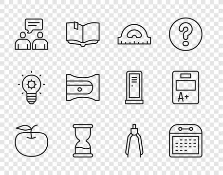 Set line Apple, Calendar, Protractor grid, Old hourglass, Two sitting men tal Illustrazione stock