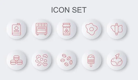 Set line Apple in caramel, Macaron cookie, Jar of honey, Ice cream, Cookboo.. Stock Illustration