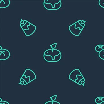 Set line Apple in caramel, Pudding custard and Bread loaf on seamless pattern 스톡 일러스트