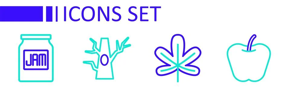 Set line Apple, Chestnut leaf, Bare tree and Jam jar icon. Vector Illustrazione stock
