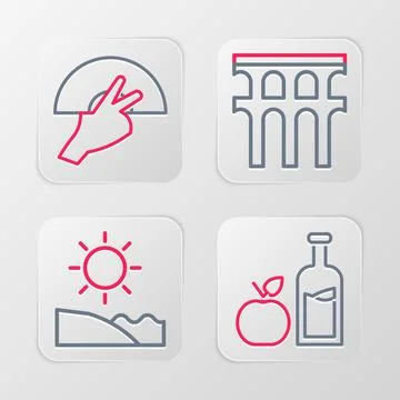 Set line Apple cider bottle, Beach, Aqueduct of Segovia and Fan flamenco ic.. Ilustración de archivo